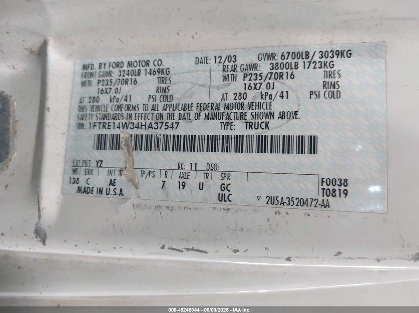 2004 Ford E-150 Commercial/Recreational VIN: 1FTRE14W34HA37547 Lot: 45246044