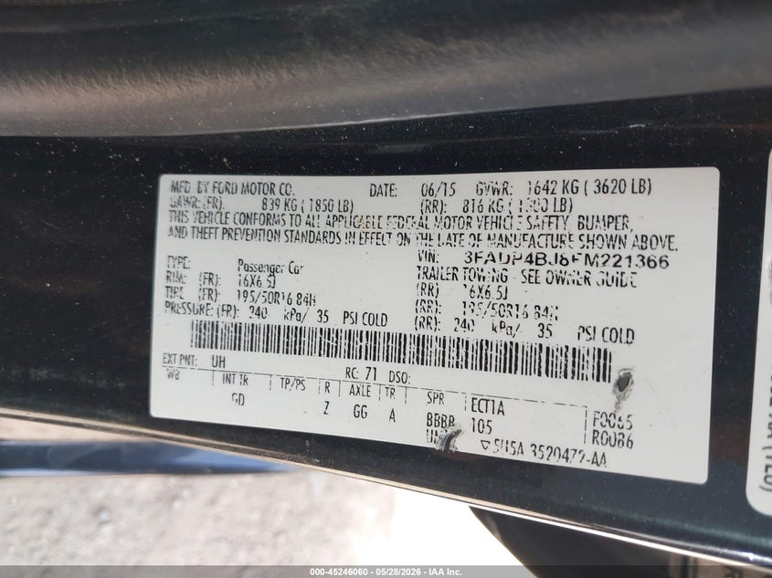 2015 Ford Fiesta Se VIN: 3FADP4BJ8FM221366 Lot: 45246060