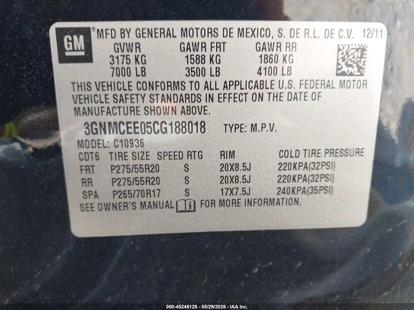 2012 Chevrolet Avalanche 1500 Ls VIN: 3GNMCEE05CG188018 Lot: 45246128