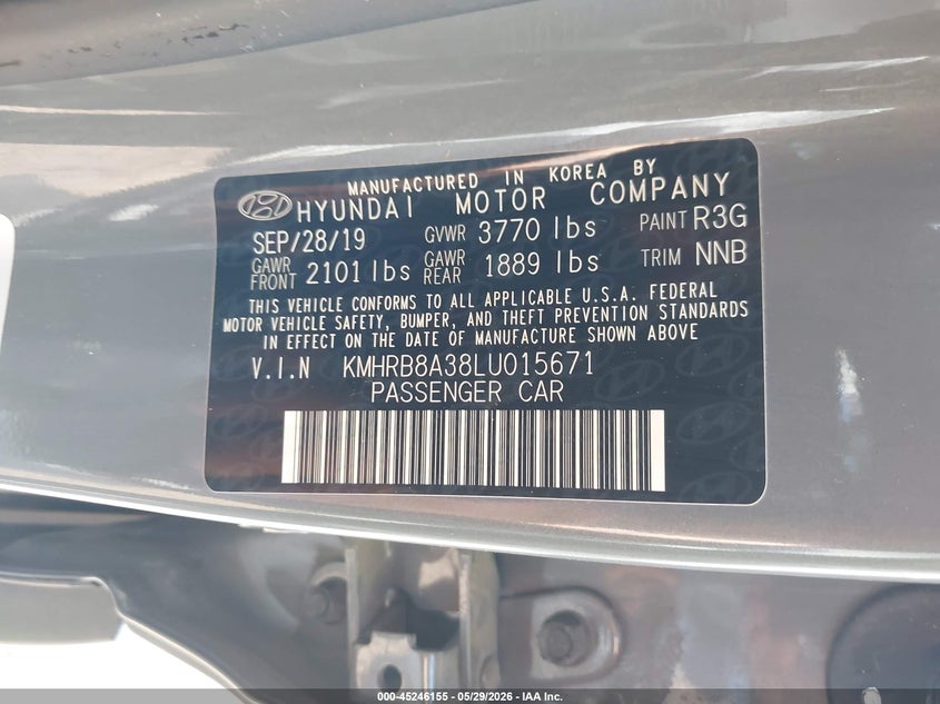 2020 Hyundai Venue Se VIN: KMHRB8A38LU015671 Lot: 45246155