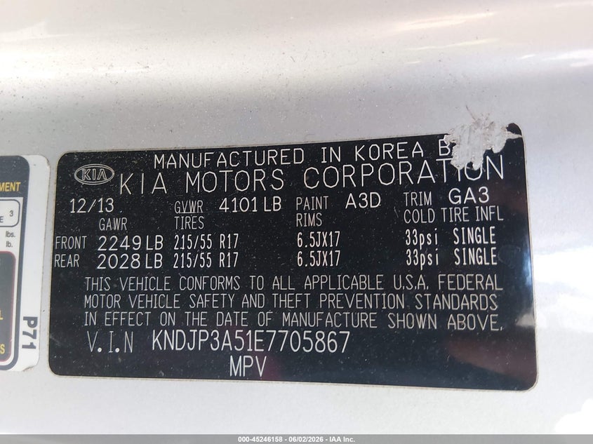 2014 Kia Soul + VIN: KNDJP3A51E7705867 Lot: 45246158