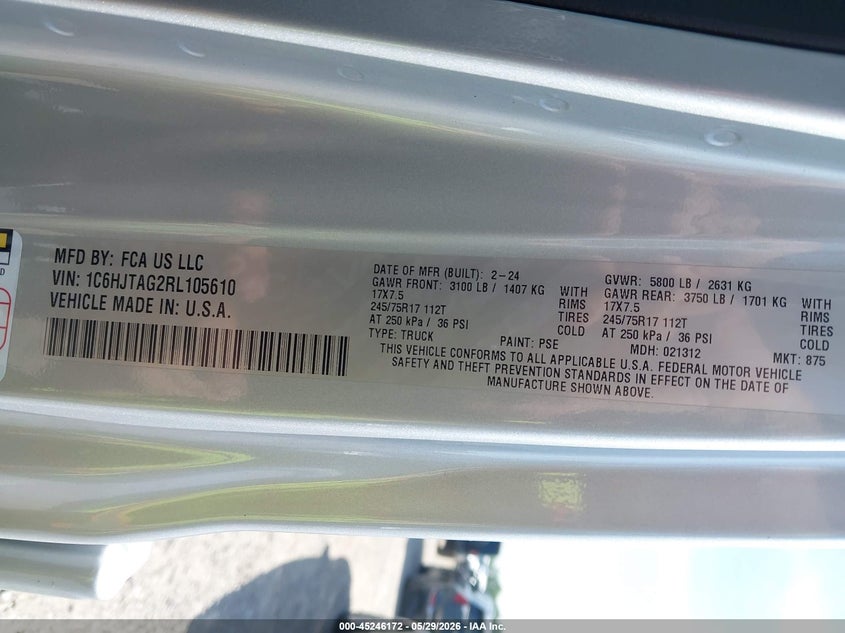 2024 Jeep Gladiator Sport S VIN: 1C6HJTAG2RL105610 Lot: 45246172