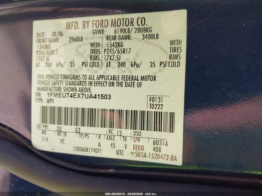2007 Ford Explorer Eddie Bauer VIN: 1FMEU74EX7UA41503 Lot: 45246210