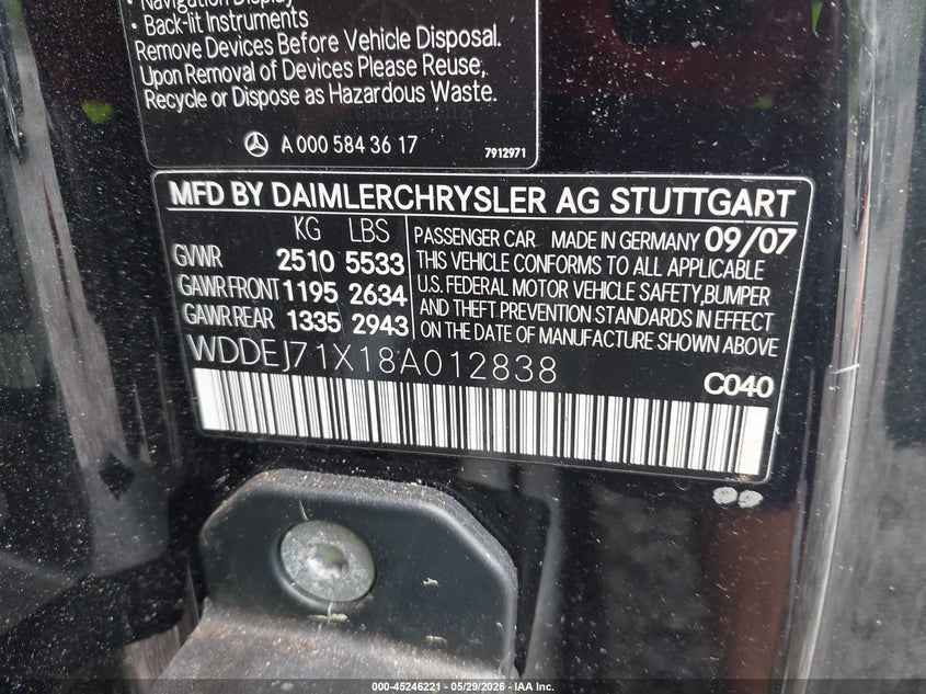 2008 Mercedes-Benz Cl 550 VIN: WDDEJ71X18A012838 Lot: 45246221