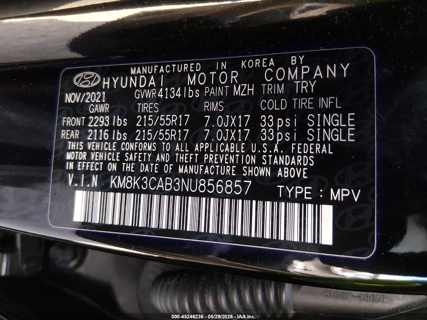2022 Hyundai Kona Sel VIN: KM8K3CAB3NU856857 Lot: 45246236