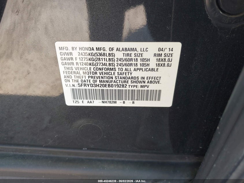 2014 Acura Mdx VIN: 5FRYD3H20EB019282 Lot: 45246239
