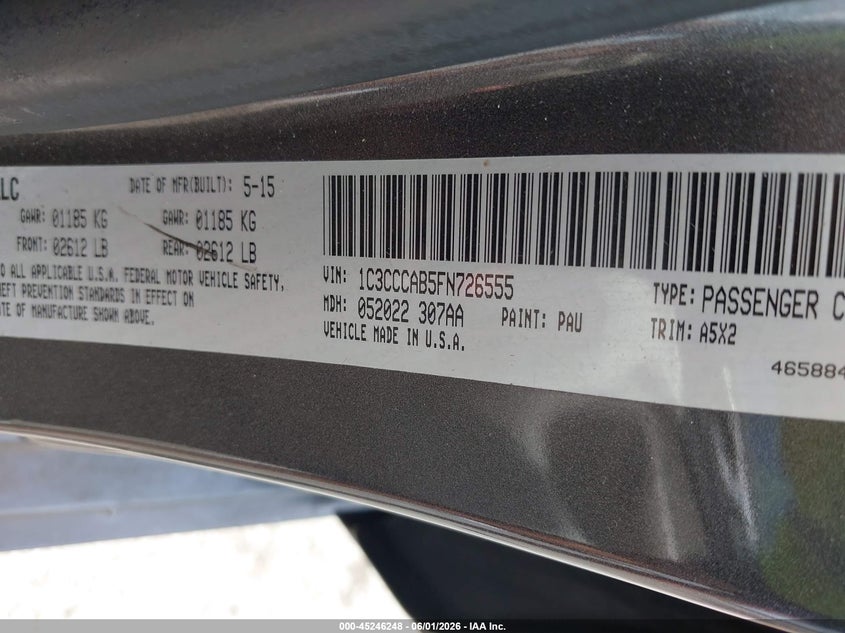 2015 Chrysler 200 Limited VIN: 1C3CCCAB5FN726555 Lot: 45246248
