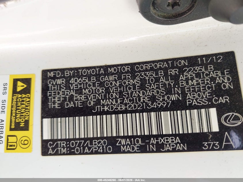 2013 Lexus Ct 200H VIN: JTHKD5BH2D2134997 Lot: 45246266