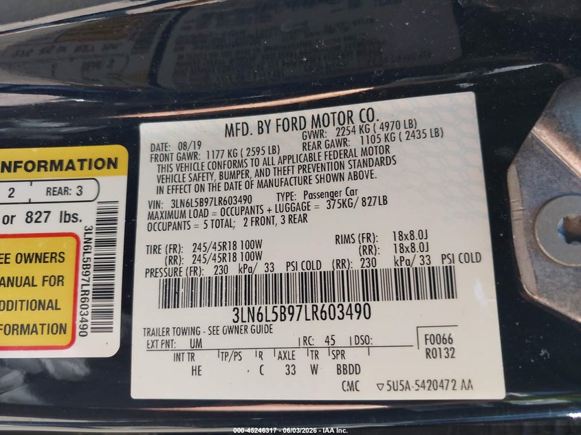 2020 Lincoln Mkz Standard VIN: 3LN6L5B97LR603490 Lot: 45246317