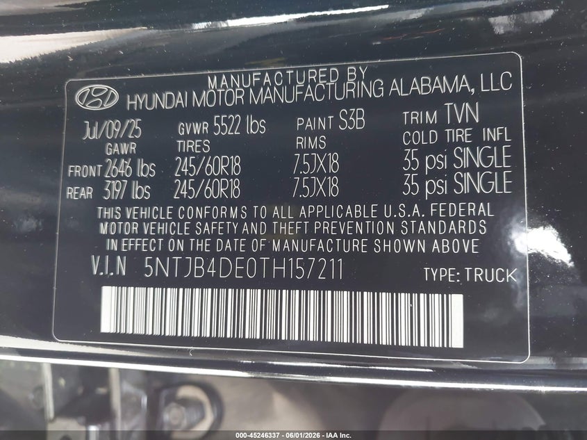2026 Hyundai Santa Cruz Sel VIN: 5NTJB4DE0TH157211 Lot: 45246337
