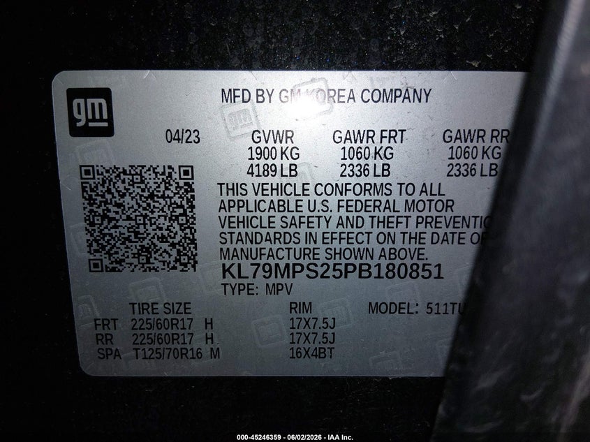 2023 Chevrolet Trailblazer Fwd Lt VIN: KL79MPS25PB180851 Lot: 45246359