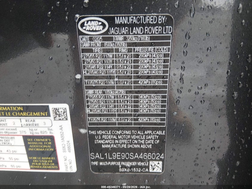2025 Land Rover Range Rover Sport P530 Dynamic Se VIN: SAL1L9E90SA466024 Lot: 45246371