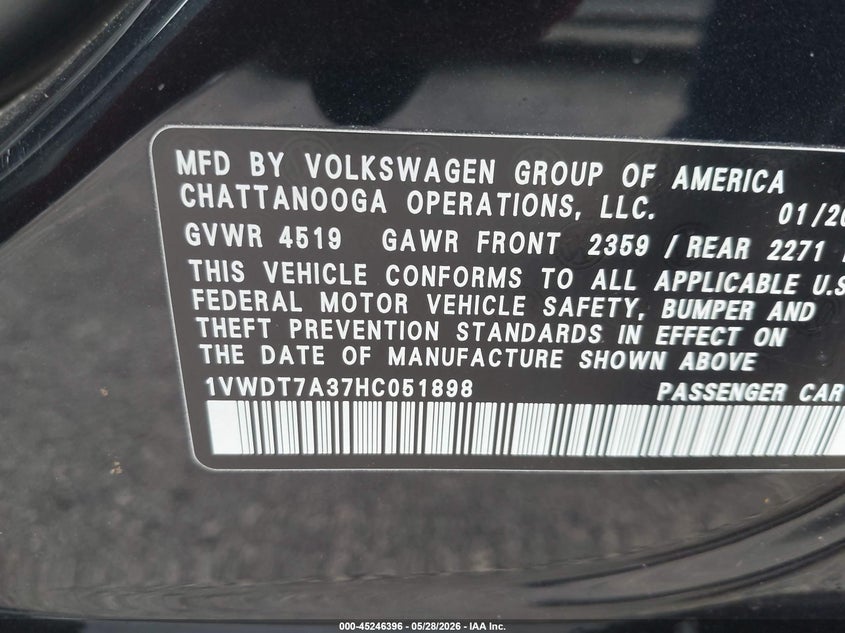 2017 Volkswagen Passat 1.8T R-Line VIN: 1VWDT7A37HC051898 Lot: 45246396