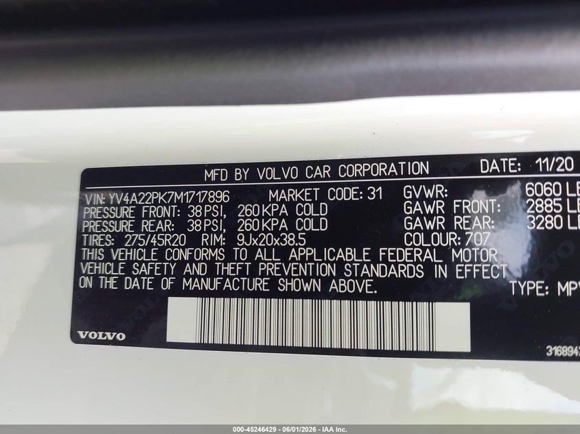 2021 Volvo Xc90 T6 Momentum 7 Passenger VIN: YV4A22PK7M1717896 Lot: 45246429