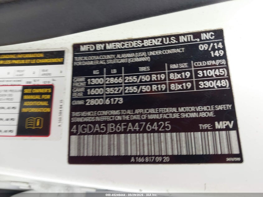 2015 Mercedes-Benz Ml 350 VIN: 4JGDA5JB6FA476425 Lot: 45246444