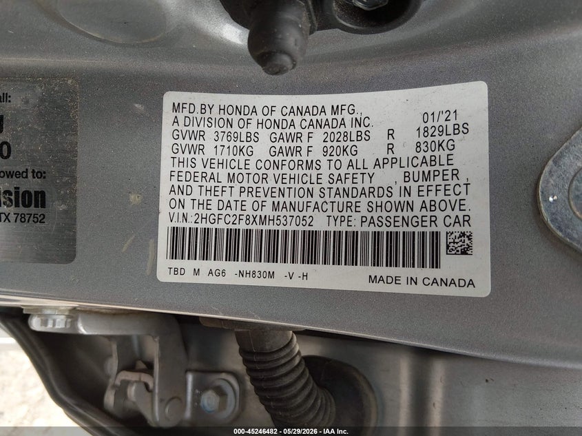 VIN 2HGFC2F8XMH537052 2021 HONDA CIVIC SPORT