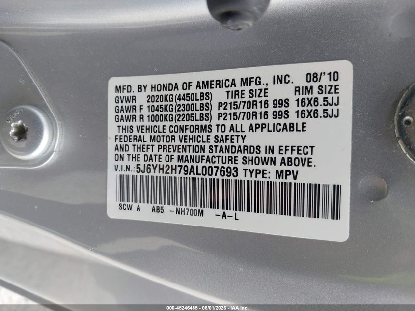 2010 Honda Element Ex VIN: 5J6YH2H79AL007693 Lot: 45246485
