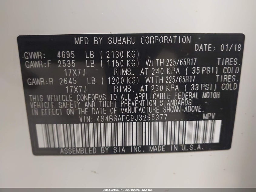 2018 Subaru Outback 2.5I Premium VIN: 4S4BSAFC9J3295377 Lot: 45246487