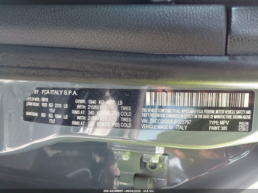 2018 Jeep Renegade Latitude Fwd VIN: ZACCJABB5JPJ23767 Lot: 45246507