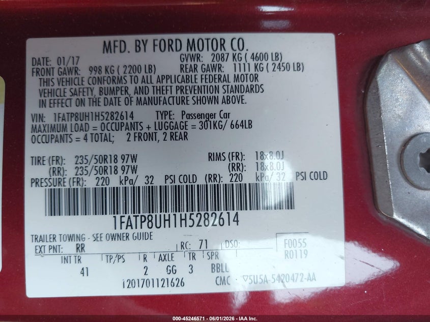 FORD MUSTANG 2017 VIN 1FATP8UH1H5282614