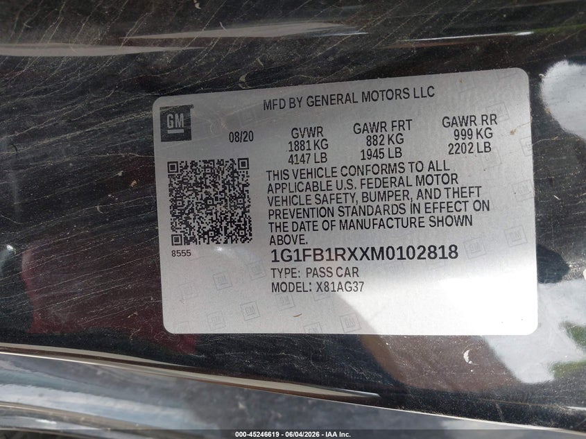 2021 Chevrolet Camaro Rwd 1Lt VIN: 1G1FB1RXXM0102818 Lot: 45246619