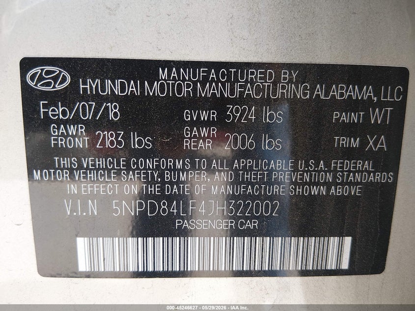 VIN 5NPD84LF4JH322002 2018 HYUNDAI ELANTRA SEL