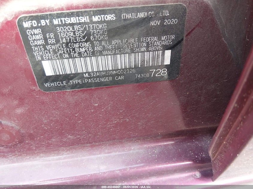 2021 Mitsubishi Mirage Carbonite Edition/Es/Le VIN: ML32AUHJXMH002326 Lot: 45246661