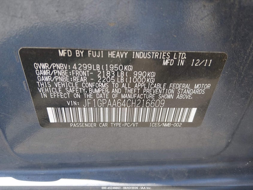 2012 Subaru Impreza 2.0 2.0I blue Lot 111045246663 Vin JF1GPAA64CH216609