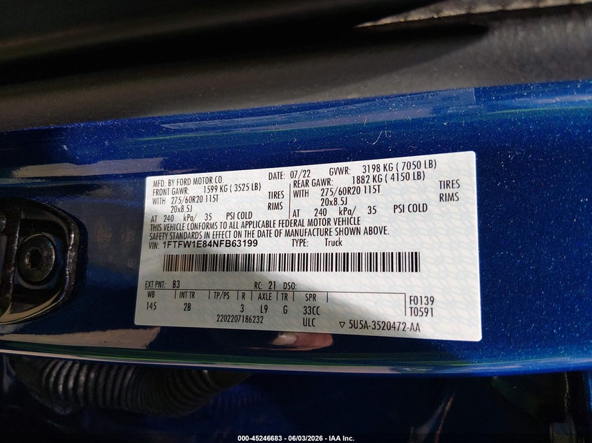 2022 Ford F-150 Lariat VIN: 1FTFW1E84NFB63199 Lot: 45246683
