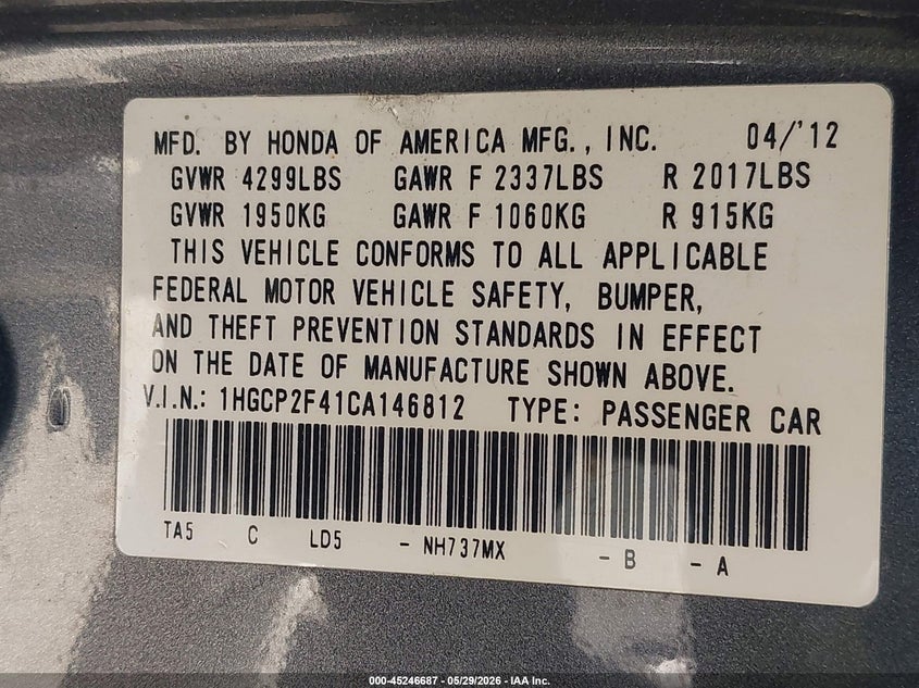 2012 Honda Accord 2.4 2.4 Lx-p Grey Lot 111045246687 Vin 1HGCP2F41CA146812