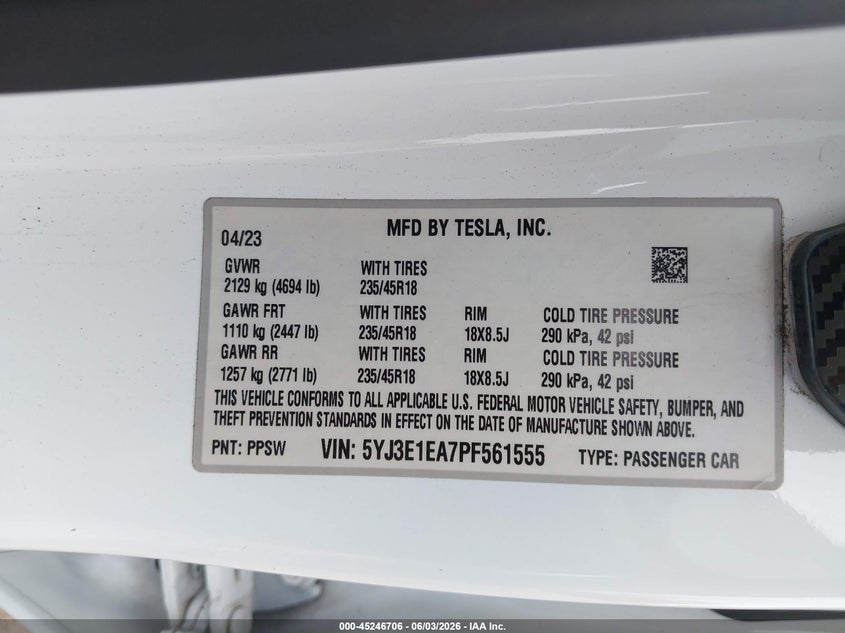 2023 Tesla Model 3 Rear-Wheel Drive VIN: 5YJ3E1EA7PF561555 Lot: 45246706