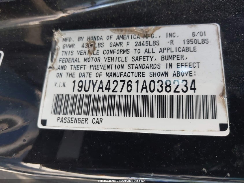 2001 Acura Cl 3.2 Type S VIN: 19UYA42761A038234 Lot: 45246709