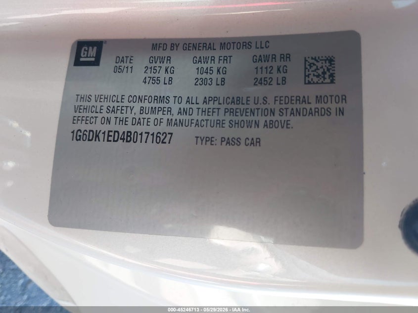 2011 Cadillac Cts Performance VIN: 1G6DK1ED4B0171627 Lot: 45246713