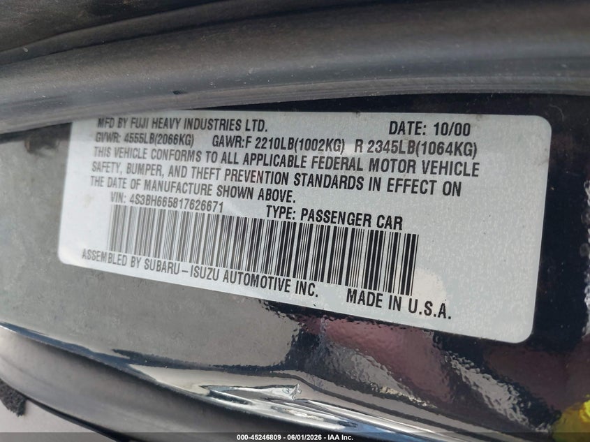 2001 Subaru Outback VIN: 4S3BH665817626671 Lot: 45246809