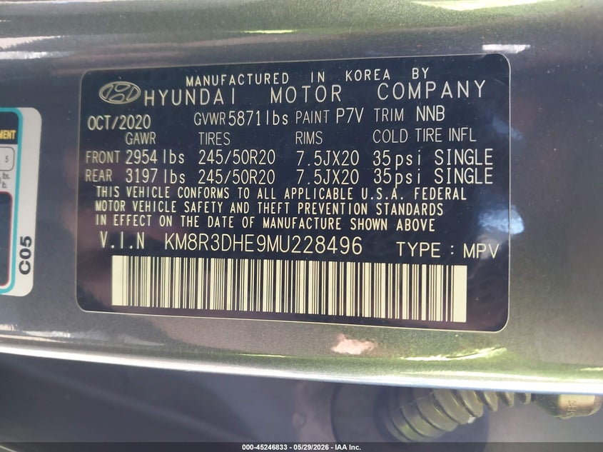 2021 Hyundai Palisade Sel VIN: KM8R3DHE9MU228496 Lot: 45246833