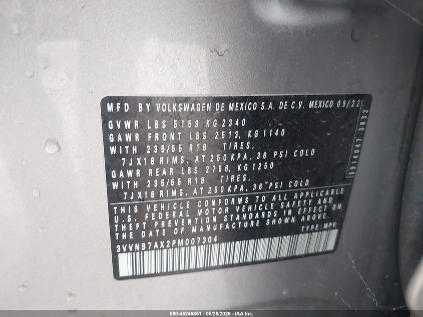 2023 VOLKSWAGEN TIGUAN 2.0L I-4 DI, DOHC, V(VIN: 3VVNB7AX2PM007304