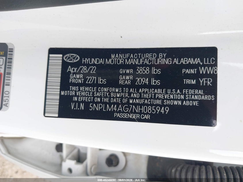 2022 Hyundai Elantra Sel VIN: 5NPLM4AG7NH085949 Lot: 45246890