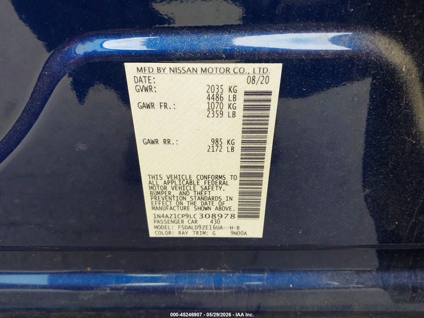 2020 Nissan Leaf Sv 40 Kwh VIN: 1N4AZ1CP9LC308978 Lot: 45246907