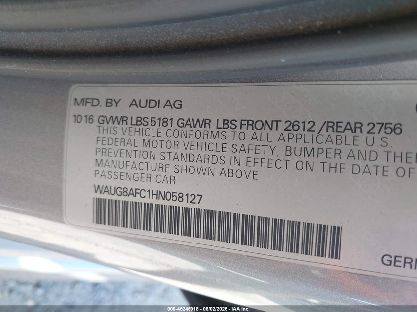 2017 Audi A6 Premium Plus VIN: WAUG8AFC1HN058127 Lot: 45246918