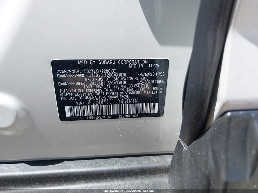 2026 SUBARU OUTBACK 2.5L H-4 DI, DOHC, V(VIN: JF2BUPDD1TY470404