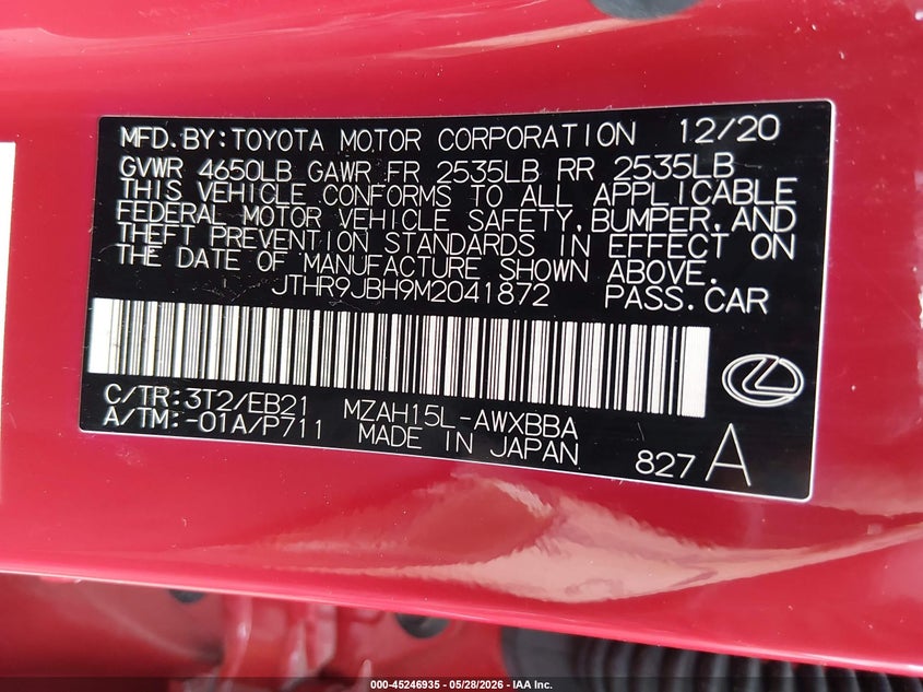2021 Lexus Ux 250H F Sport VIN: JTHR9JBH9M2041872 Lot: 45246935