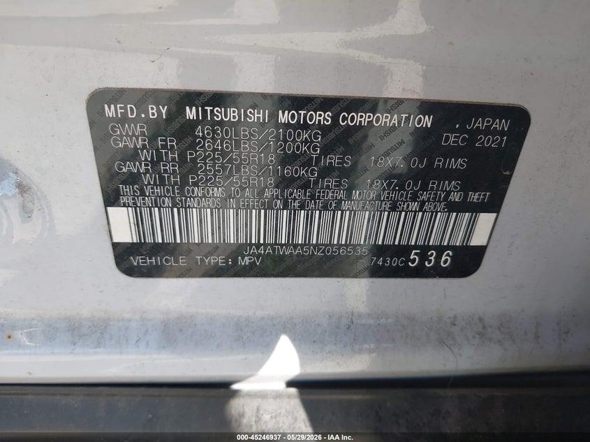2022 Mitsubishi Eclipse Cross Se S-Awc/Se Special Edition S-Awc/Sel S-Awc/Sel Special Edition S-Awc VIN: JA4ATWAA5NZ056535 Lot: 45246937