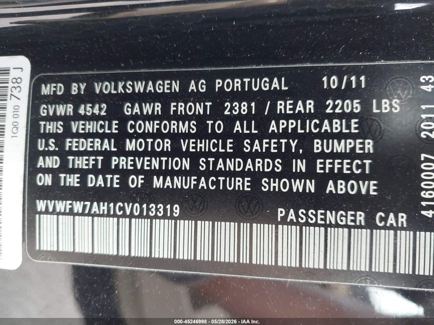 2012 Volkswagen Eos Executive VIN: WVWFW7AH1CV013319 Lot: 45246998