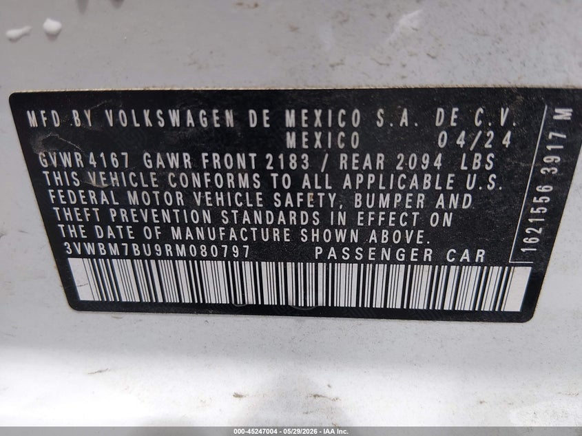 2024 VOLKSWAGEN JETTA 1.5L I-4 DI, DOHC, V(VIN: 3VWBM7BU9RM080797