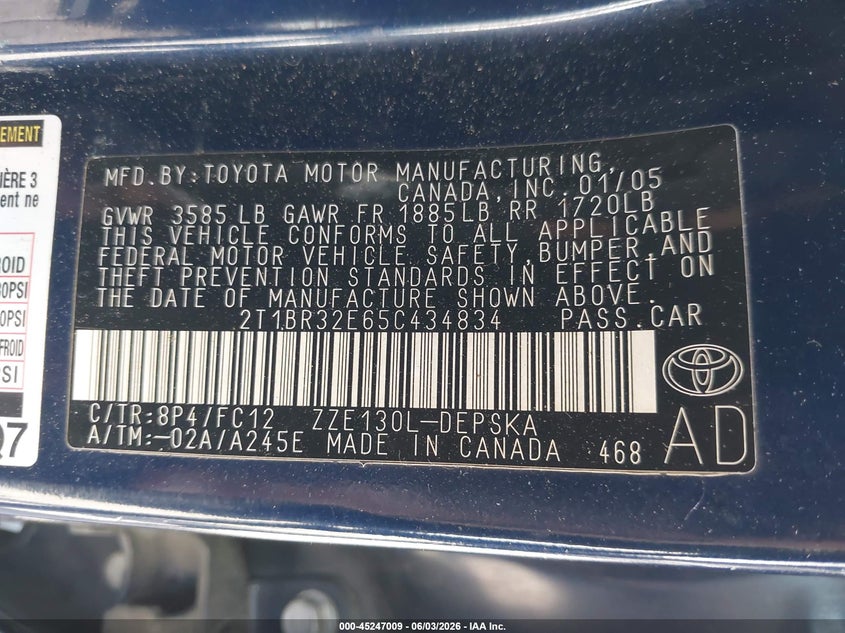 2005 Toyota Corolla S VIN: 2T1BR32E65C434834 Lot: 45247009