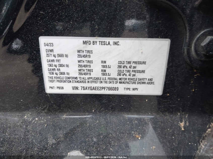 2023 Tesla Model Y Awd/Long Range Dual Motor All-Wheel Drive VIN: 7SAYGAEE2PF766089 Lot: 45247013