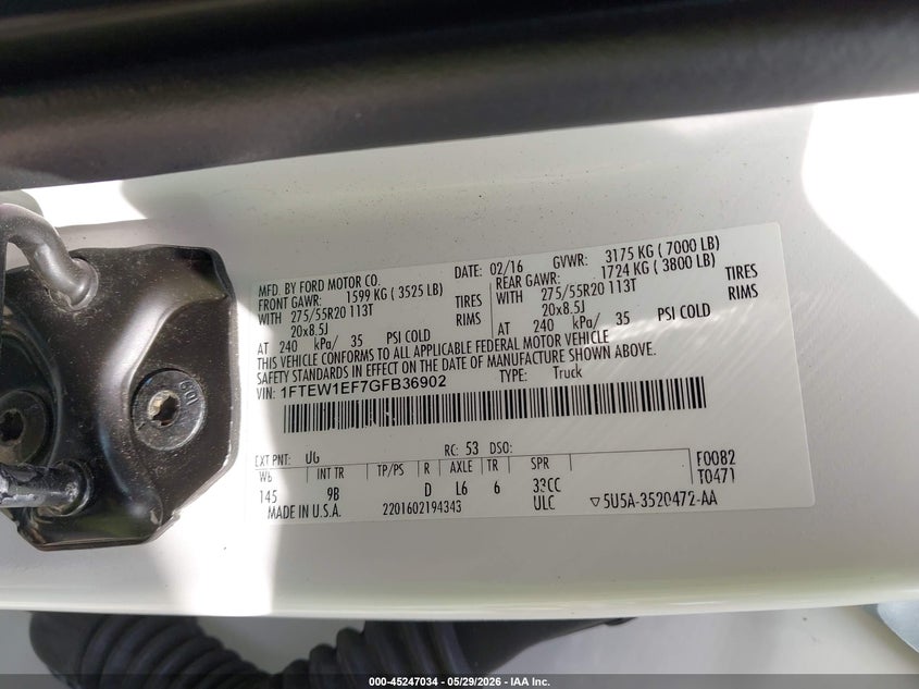 FORD F-150 2016 VIN 1FTEW1EF7GFB36902