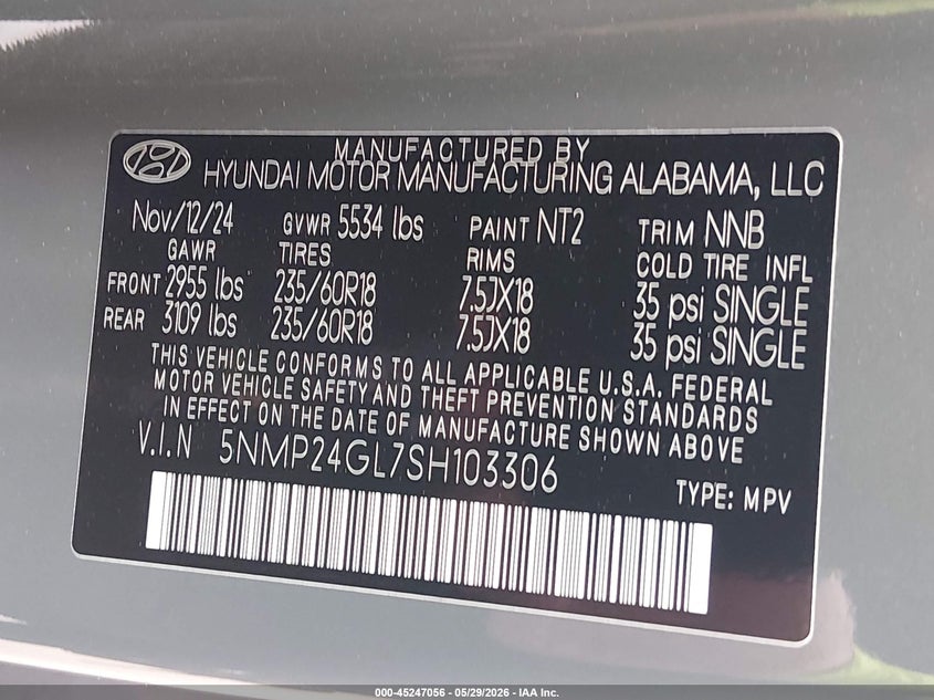 2025 HYUNDAI SANTA FE 2.5L I-4 DI, DOHC, V(VIN: 5NMP24GL7SH103306