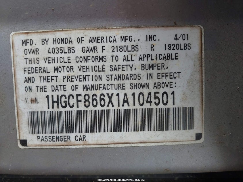 2001 Honda Accord Value Package VIN: 1HGCF866X1A104501 Lot: 45247060