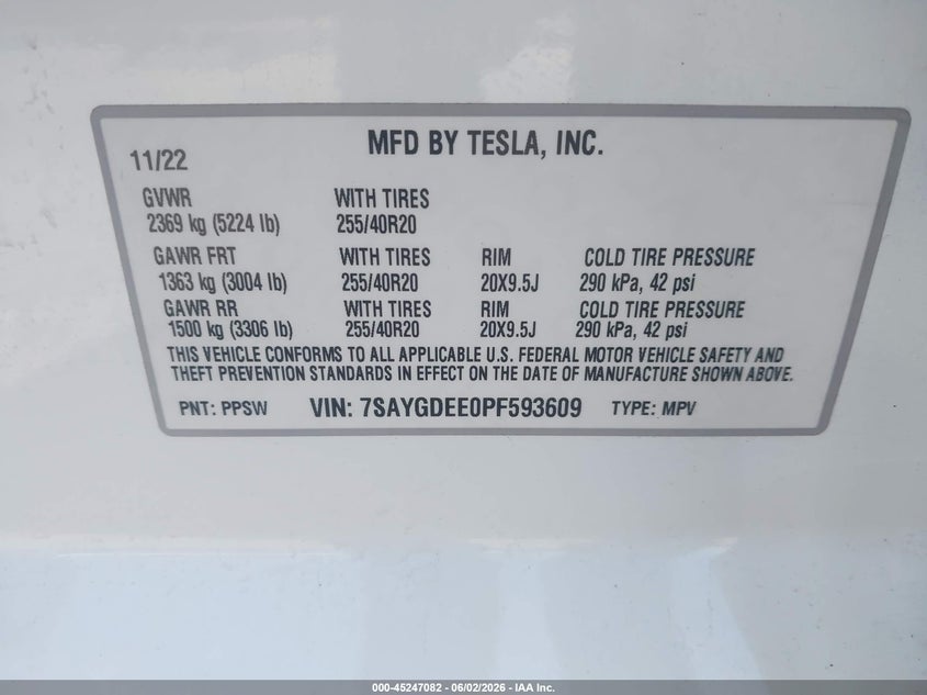 2023 Tesla Model Y Awd/Long Range Dual Motor All-Wheel Drive VIN: 7SAYGDEE0PF593609 Lot: 45247082